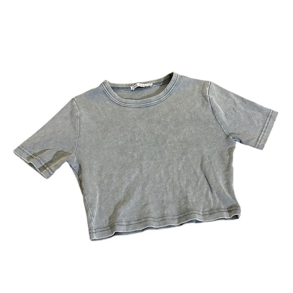 Zara Denim Blue Color Ribbed Crop Top Short Sleeve Top Size Medium - Picture 1 of 10
